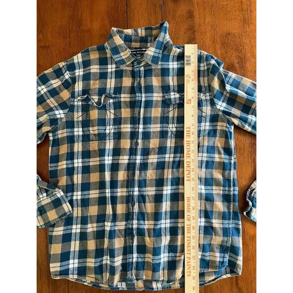 Mens True Religion Long Sleeve Flannel Button Up Shirt, Size L